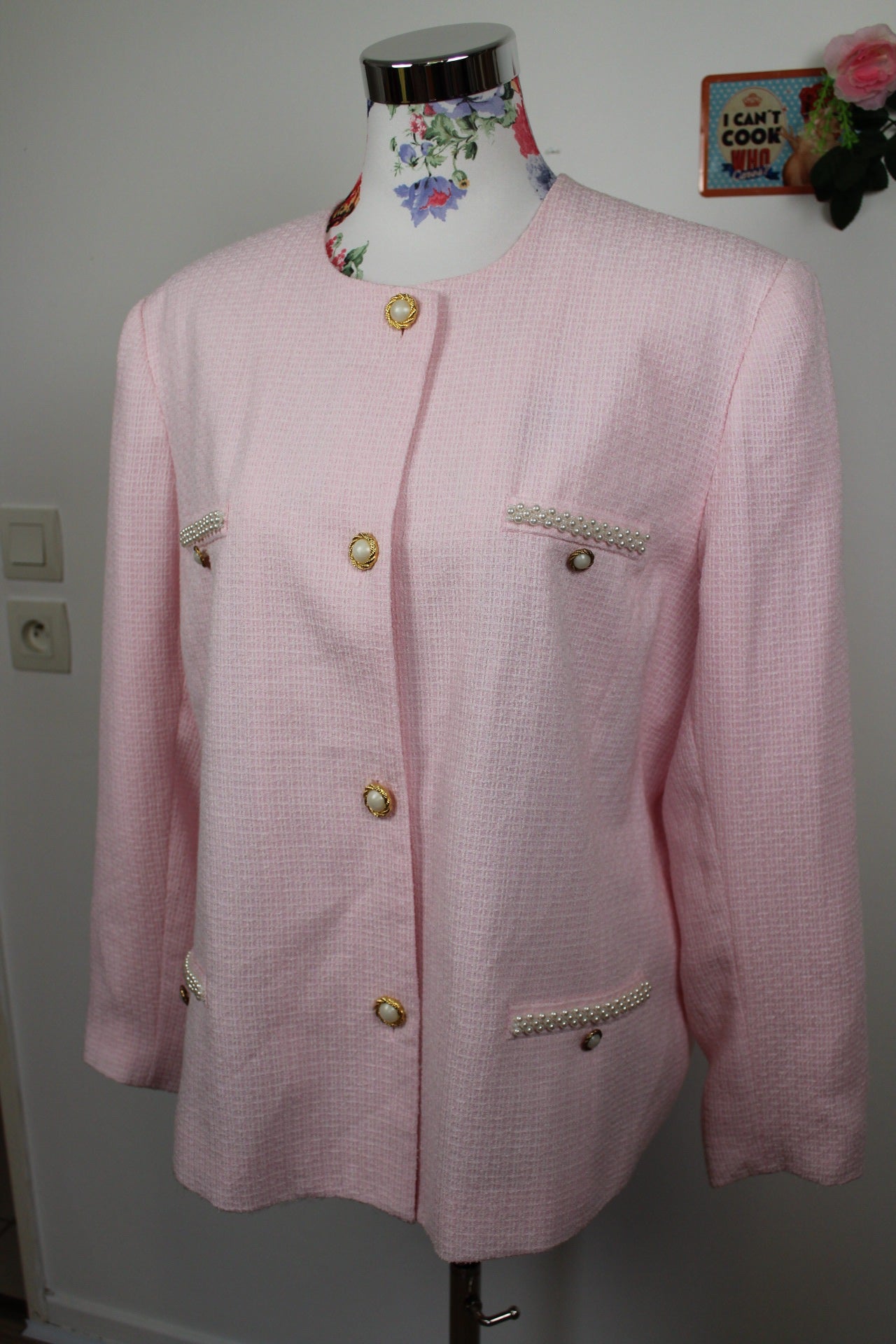 🌸 Ensemble jupe + veste preppy vintage 80's rose poudré - perles nacrées & boutons dorés🍒