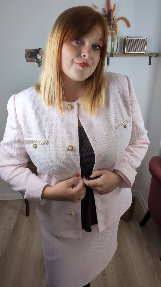 Ensemble jupe + veste preppy vintage années 80 rose poudré - perles nacrées & boutons dorés - Taille 42/44
