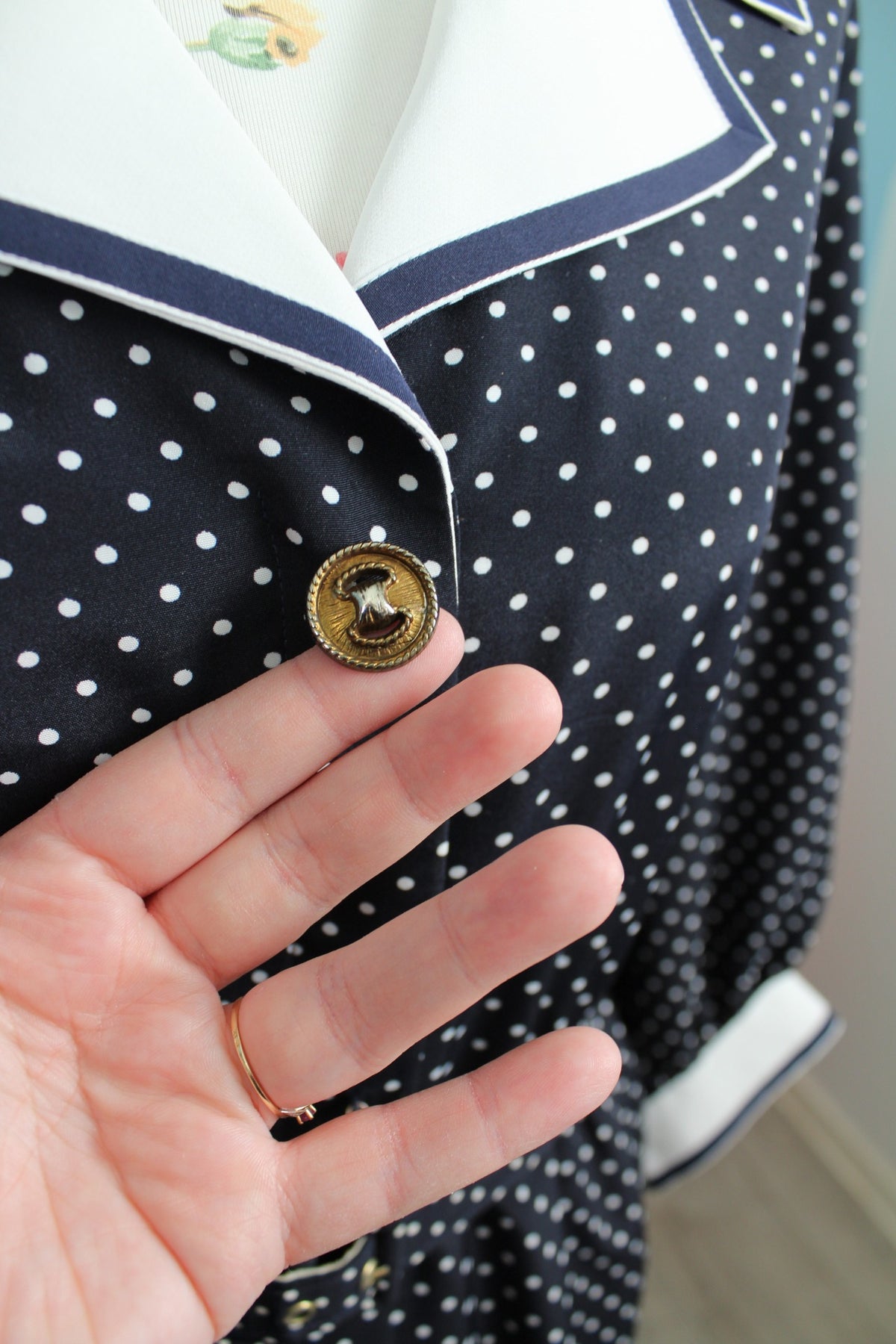 Robe années 80 bleu marine à pois pin-up Navy preppy vintage - Taille 40/42
