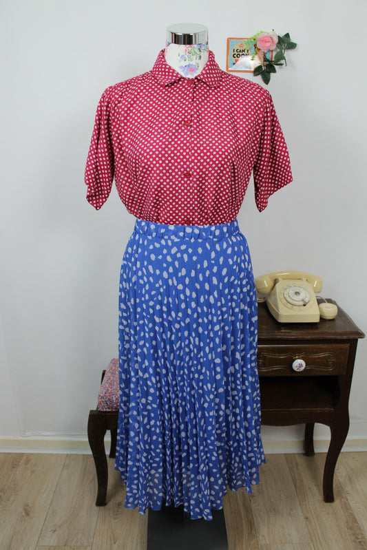 🌸🍒Jupe plissée vintage 80/90s bleue à pois - longueur midi - Taille 42/44🍒🌸