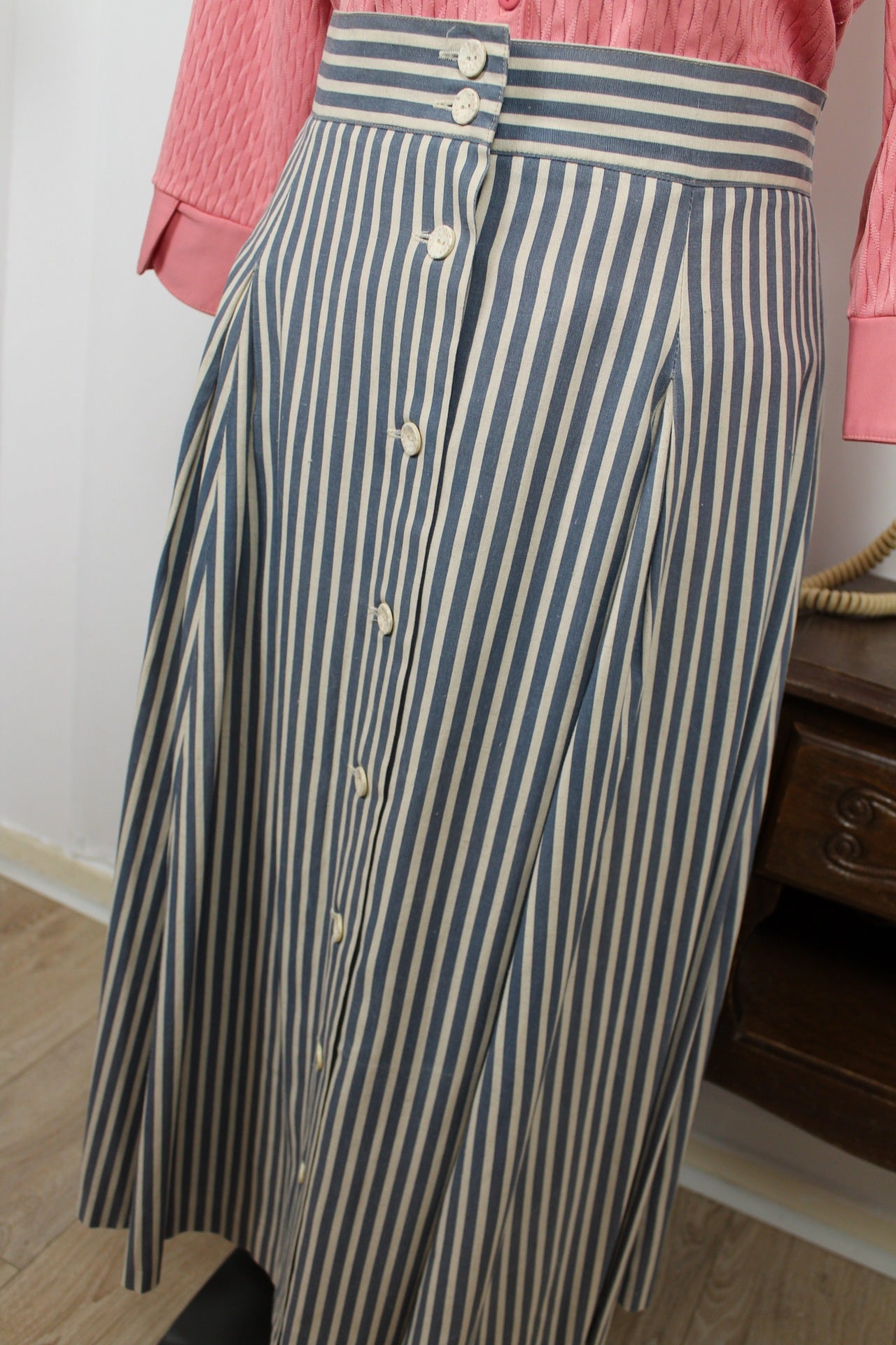 🍒🌸Jupe midi vintage 90's esprit marin à rayures en lin - Taille 42🌸🍒