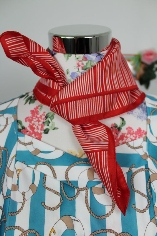 🌸🍒Foulard vintage 80/90s rouge vif & rayures blanches 🍒🌸