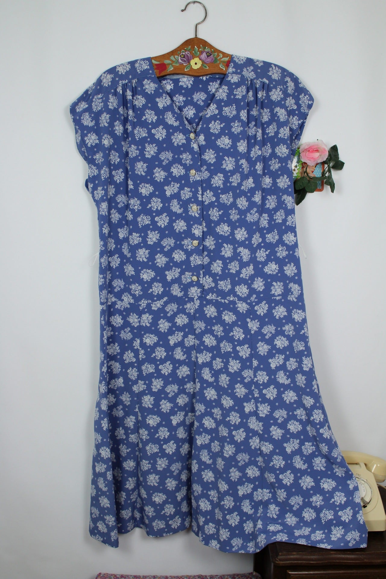 🌸🍒Robe vintage 90's bleue & bouquets de fleurs - Gevana made in France - Taille 42/44🍒🌸