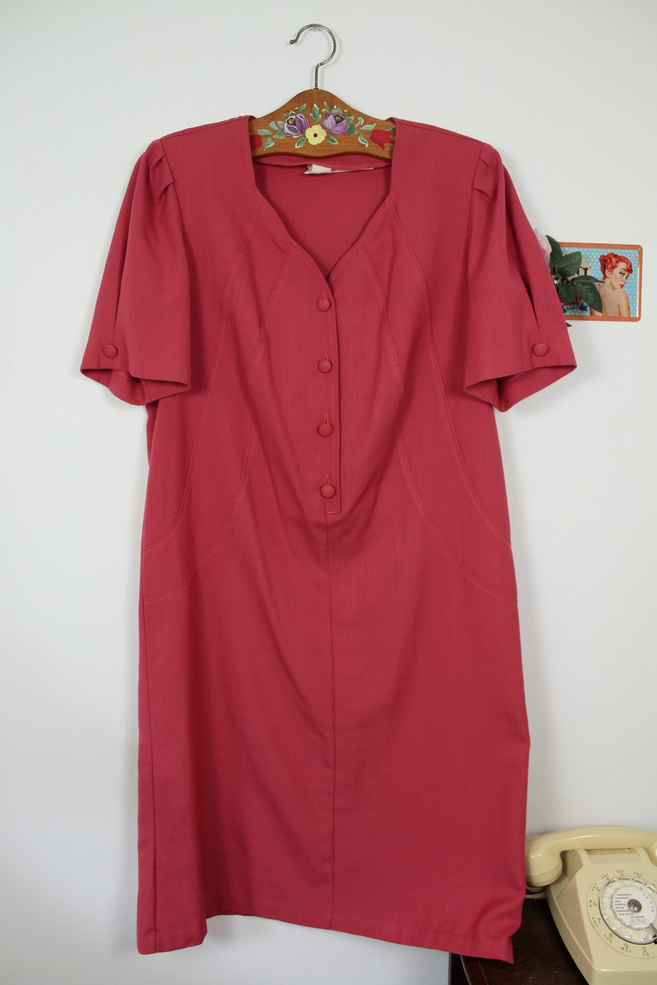 🌸🍒Robe vintage rose poudré 80's - coupe ceinturée - Taille 40/42🍒🌸