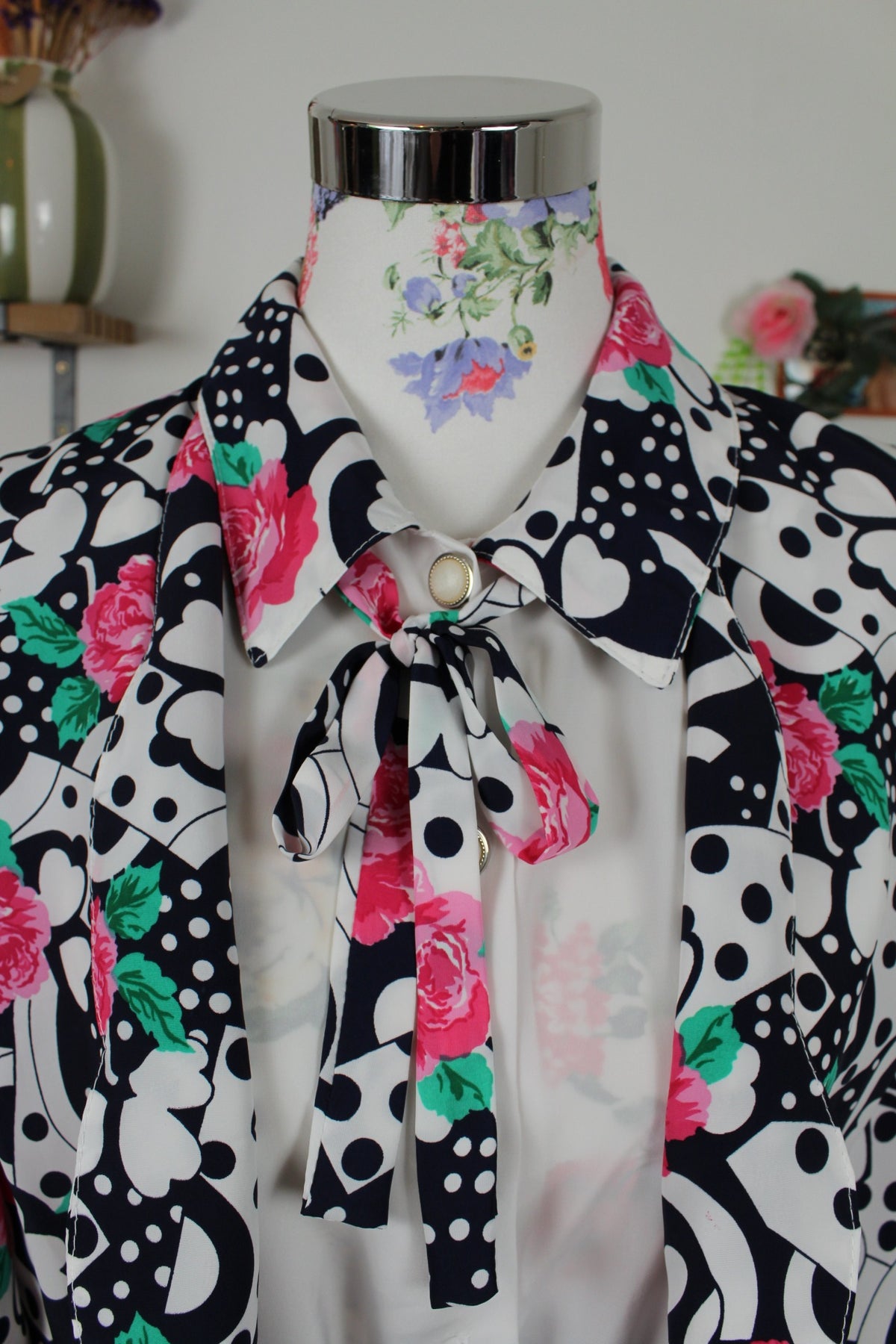 Robe vintage années 80 roses, pois & trèfles - boléro inclus - Taille 46/48
