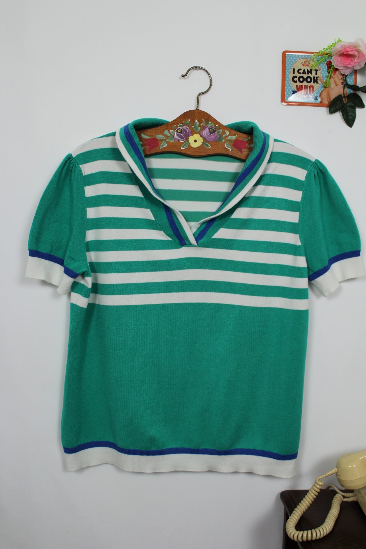 🍒🌸Polo rétro 80's rayé vert & blanc - Julie Guerlande - Taille 40/42🌸🍒