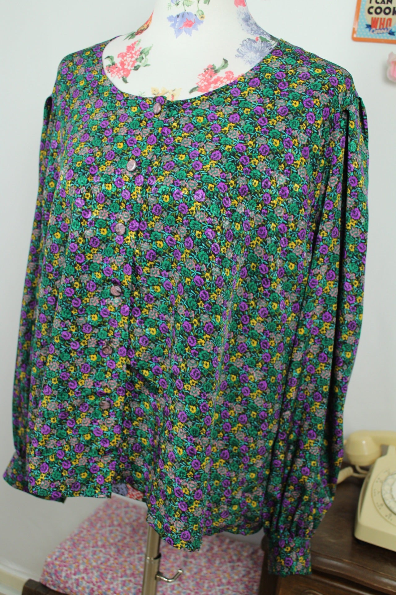 🌸🍒Blouse vintage 80/90s fait main fleurie - manches bouffantes & boutons nacrés - Taille 46/48🍒🌸