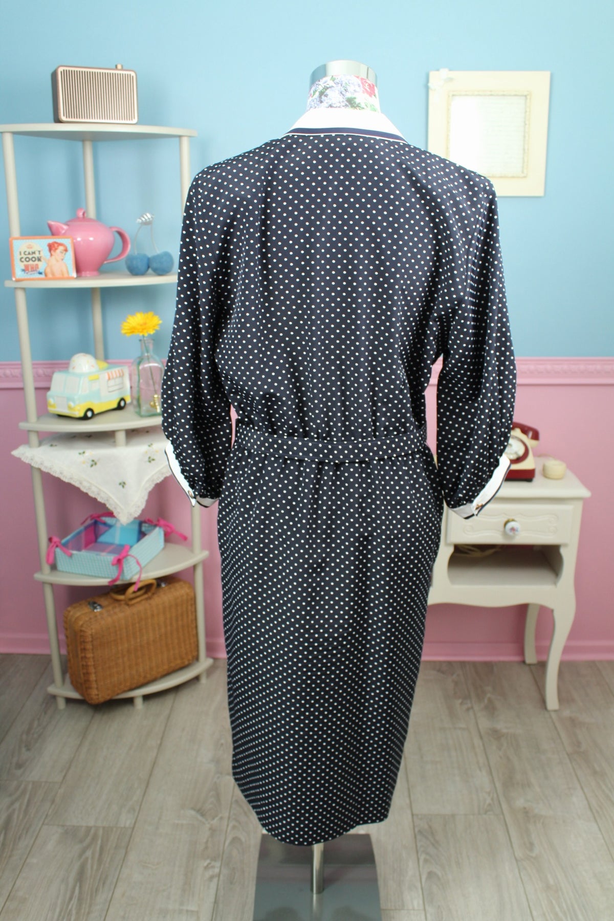 Robe années 80 bleu marine à pois pin-up Navy preppy vintage - Taille 40/42