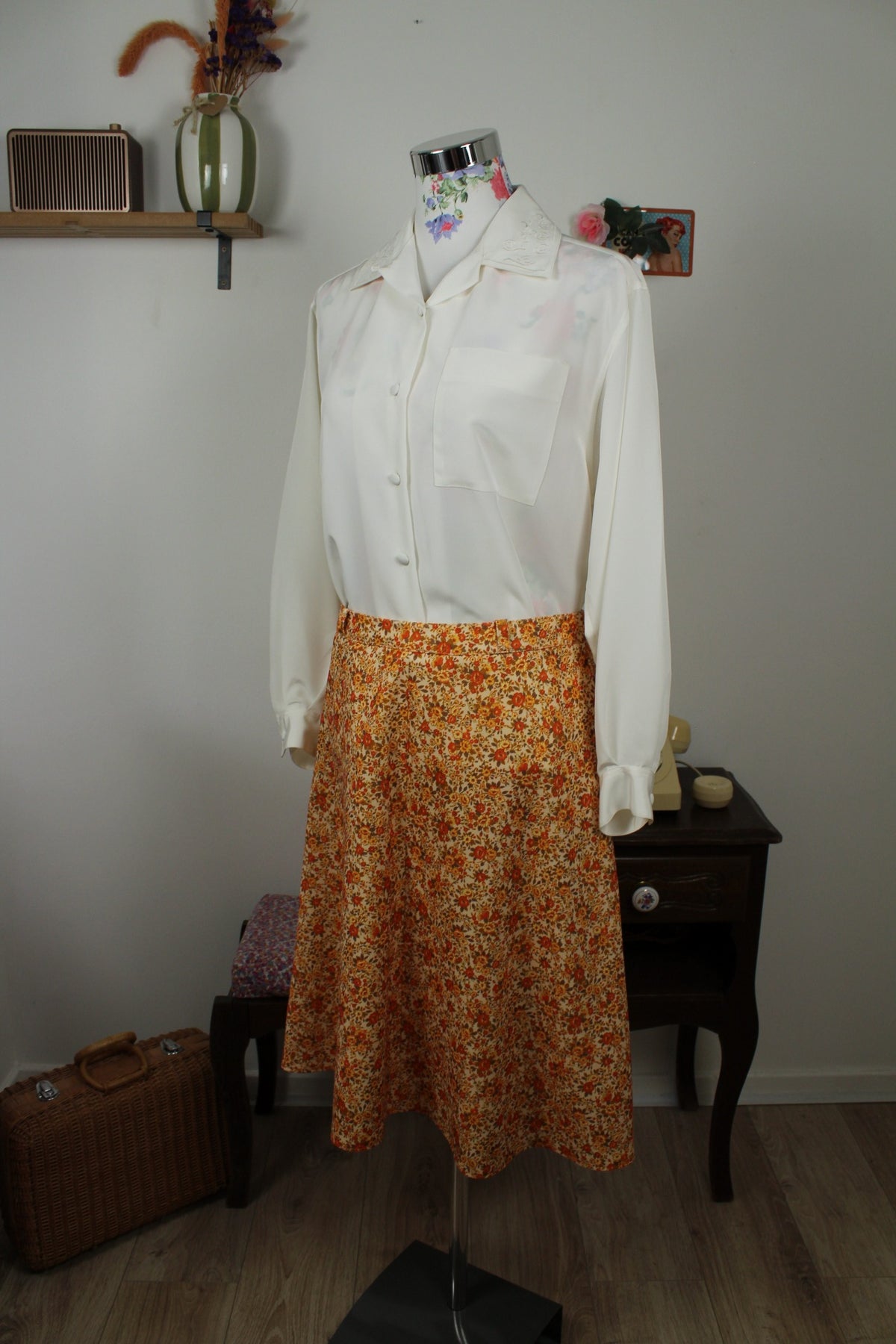 Chemise vintage années 80 blanche satinée col brodé romantique Ralph Luigi - Taille 40/42