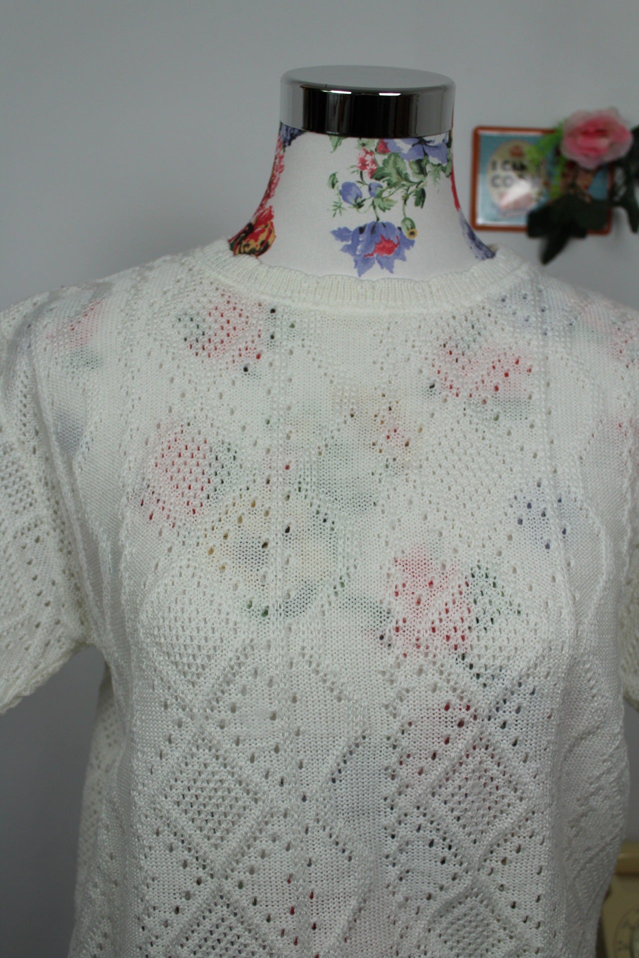 🌸🍒Pull blanc vintage 90's ajouré manches courtes - made in France - Taille 40/42🍒🌸