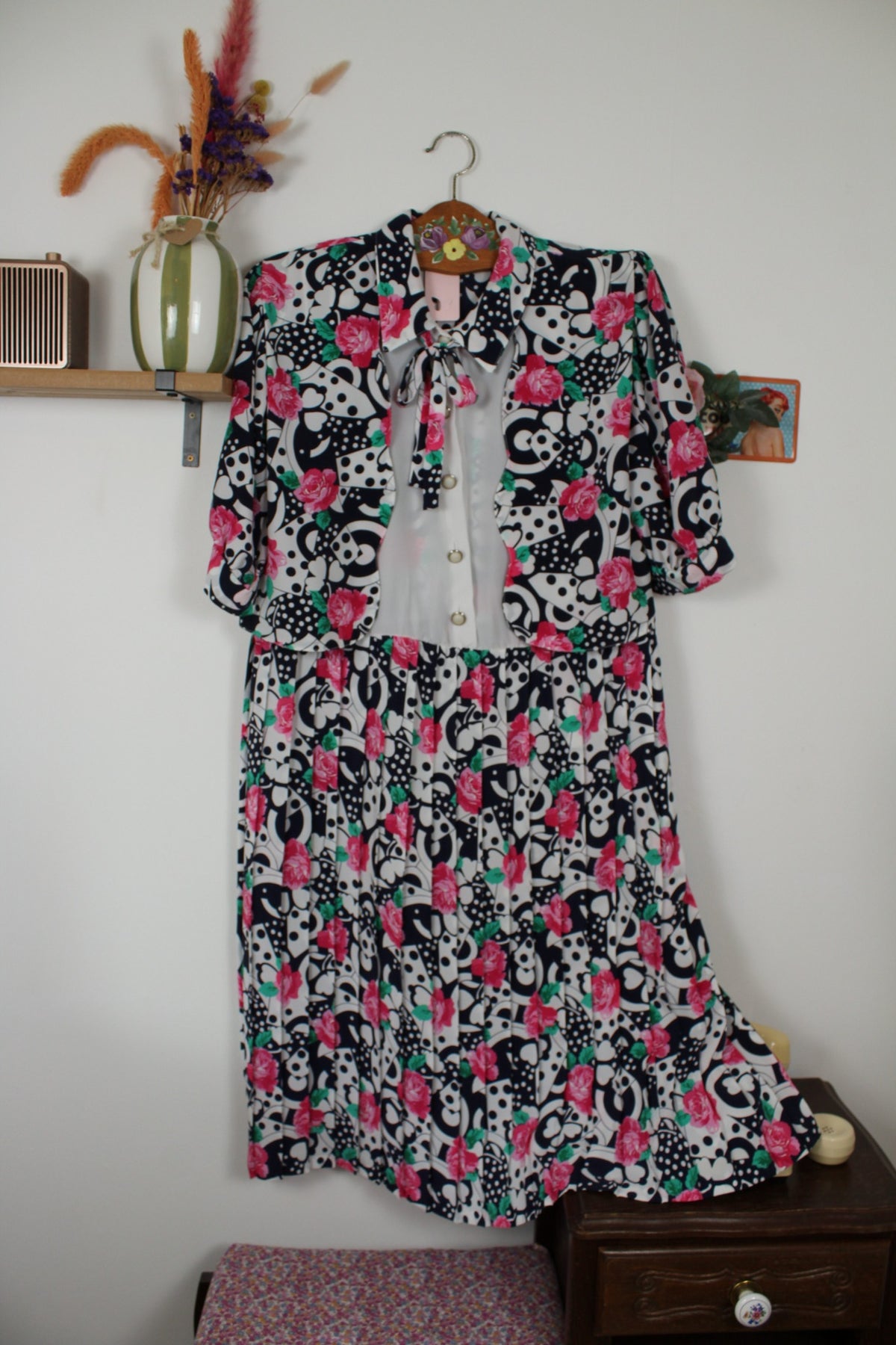 Robe vintage années 80 roses, pois & trèfles - boléro inclus - Taille 46/48