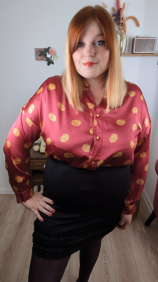 Chemise vintage années 80/90 bordeaux satiné lumineux & paisley dorés - Taille 44/46