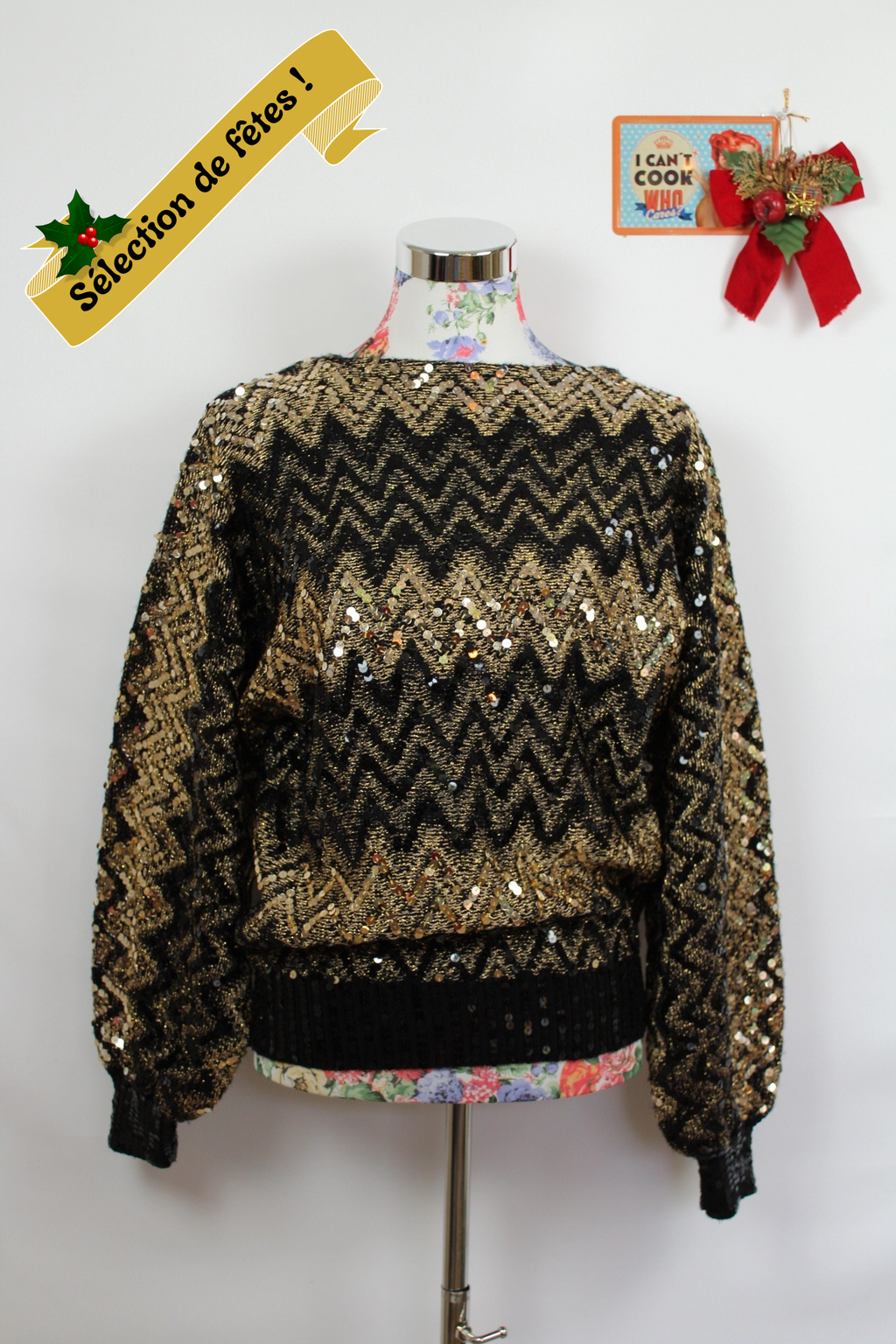 ✨Pull vintage 80's à sequins dorés & manches chauve-souris - party glam✨