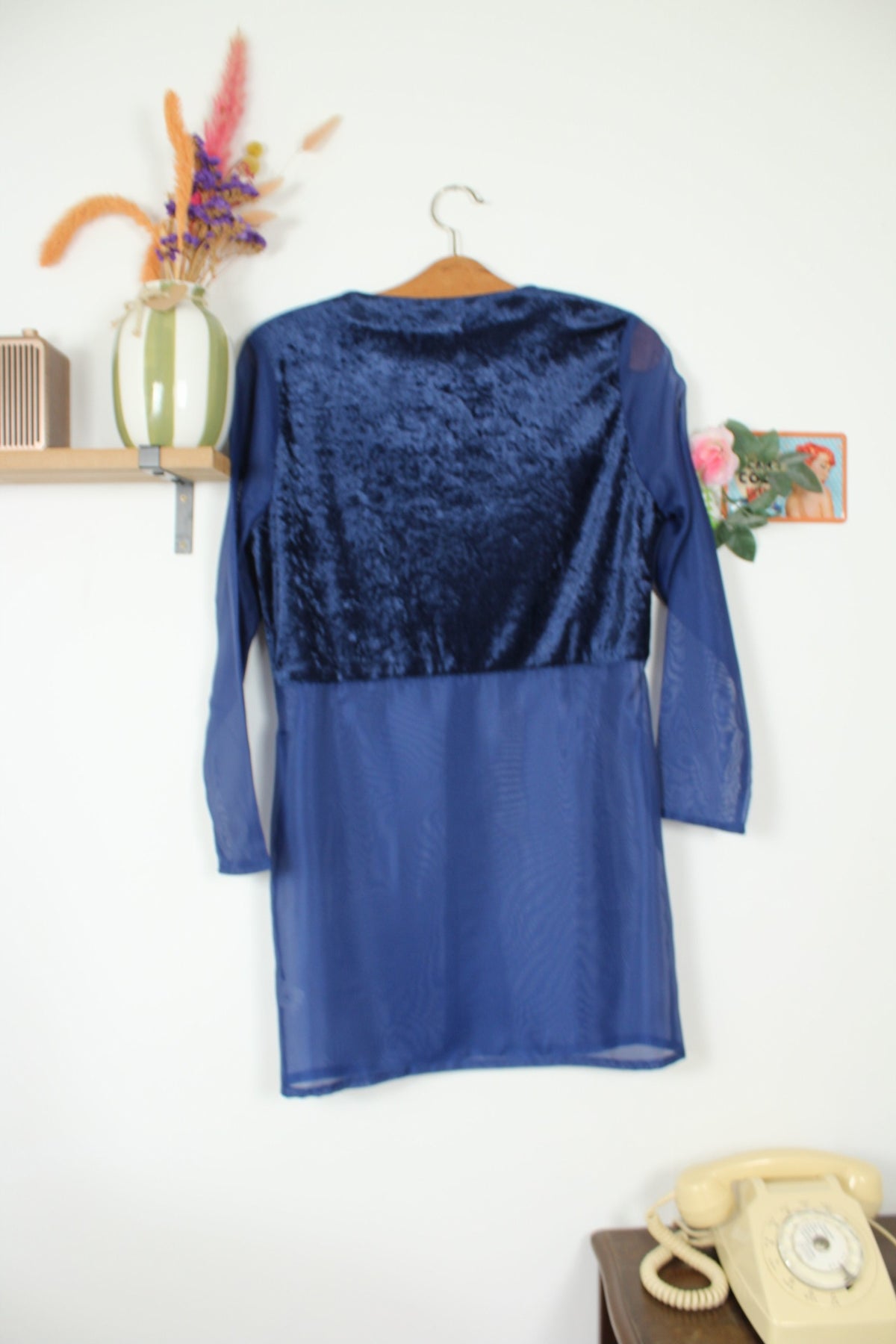 Blouse vintage années 90 bi matière velours satiné & transparence marine - Taille 38/40