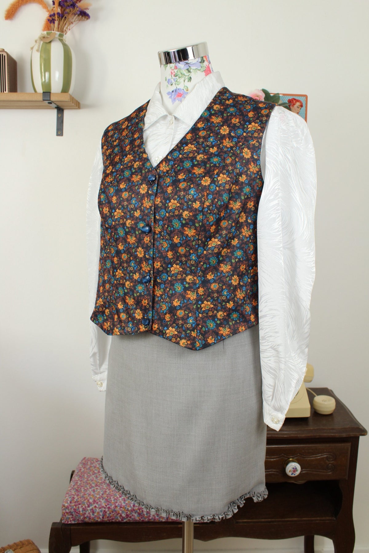 Gilet vintage années 70 esprit tapisserie vintage flower power automnal - Taille 40/42