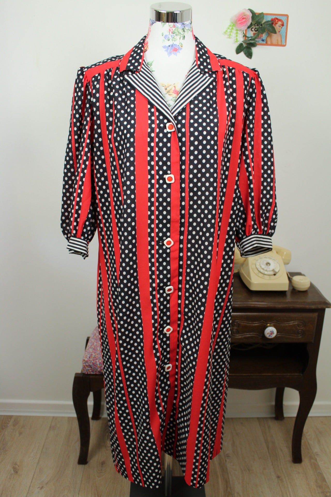🌸🍒Robe vintage 70/80's pin-up/rockabilly pois & rayures boutonnée - Taille 42/44🍒🌸
