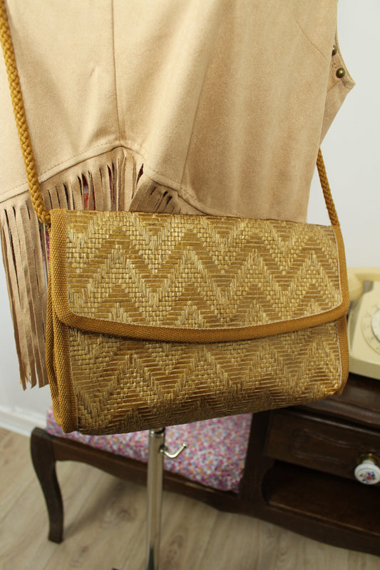 🌸🍒Sac bandoulière en paille tressée dorée vintage 90's bohème chic🍒🌸