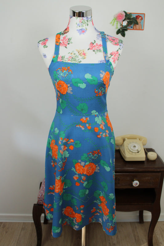 🌸🍒Robe vintage 70's guirlandes de fleurs ultra colorées - orange & bleu pep's - Taille 34🍒🌸