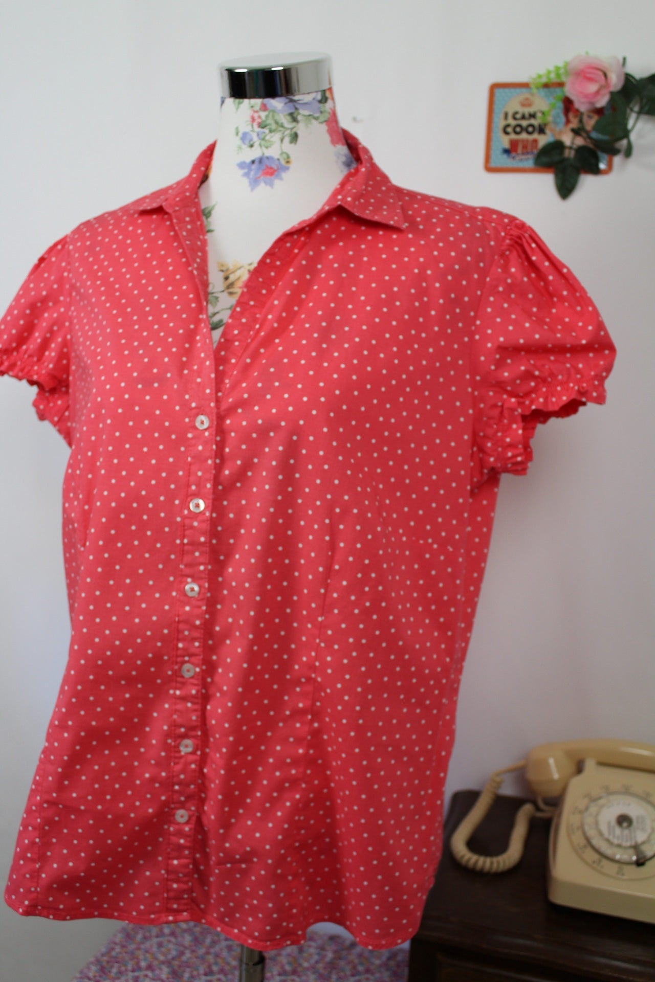 🌸🍒Chemise manches courtes vintage 90s/2000s rose bonbon à pois pin-up - Taille 42/44🍒🌸