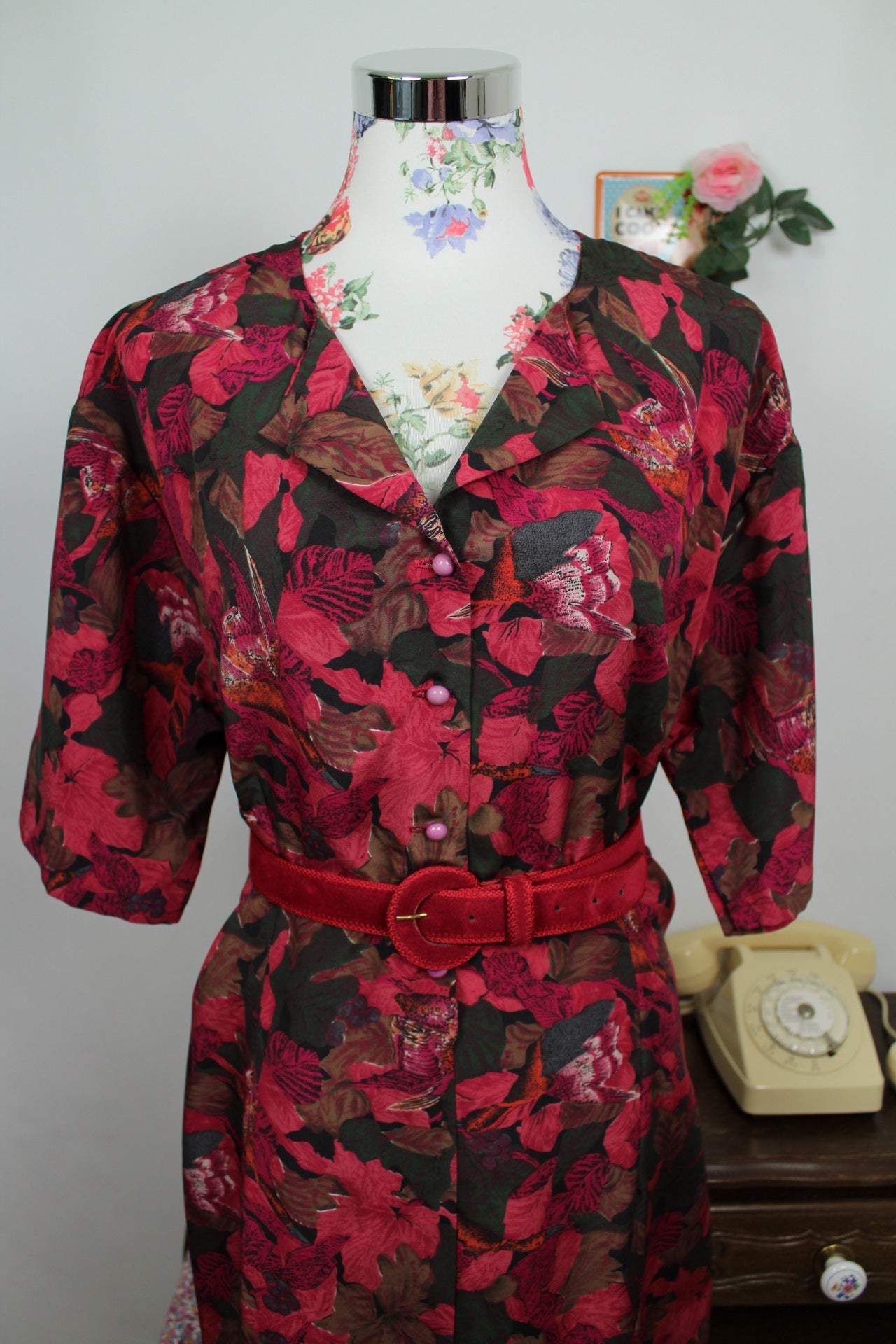 🌸🍒Robe vintage 80/90's fleurie abstraite coupe chemise - Taille 42/44🍒🌸