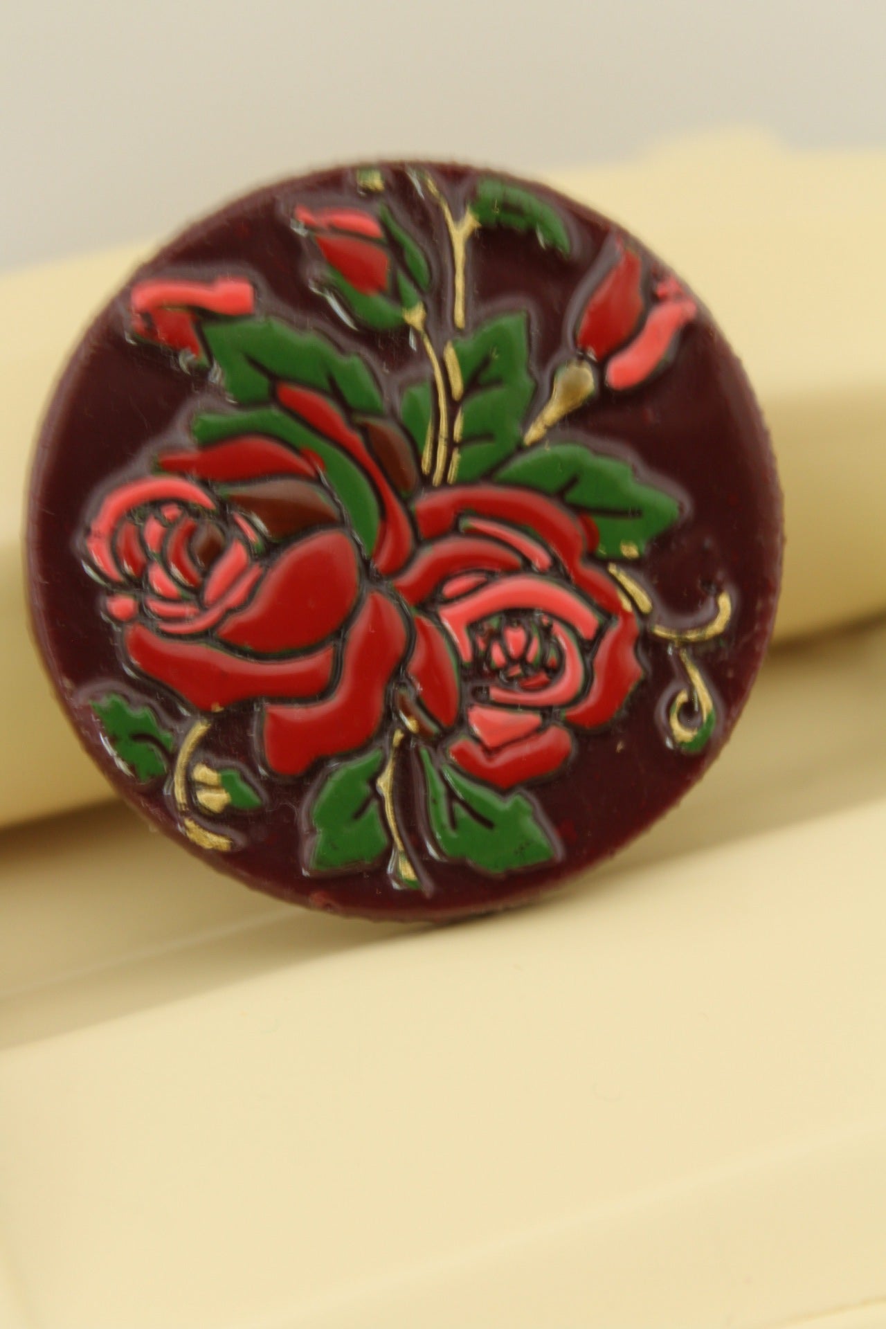 🌸🍒Broche en bois peinte vintage 70/80's roses romantiques bohèmes🍒🌸