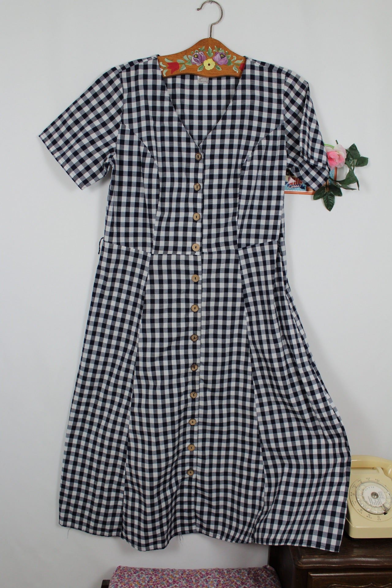 🍒🌸Robe pin-up rétro bohème vichy blanc et marine - boutons en bois - made in India - Taille 40/42🌸🍒