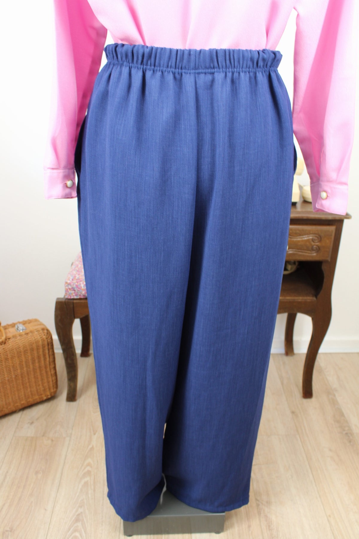 Pantalon vintage années 80/90 bleu profond - taille à nouer - Taille 44/46