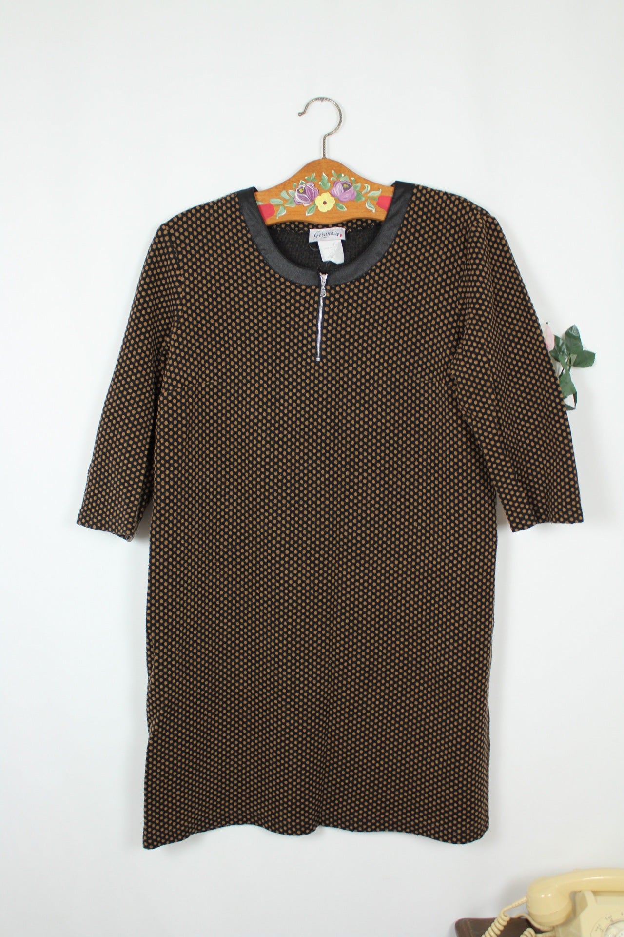 🍒🌸Robe pull vintage 80/90s à pois col effet cuir - Gevana made in France - Taille 42/44🌸🍒