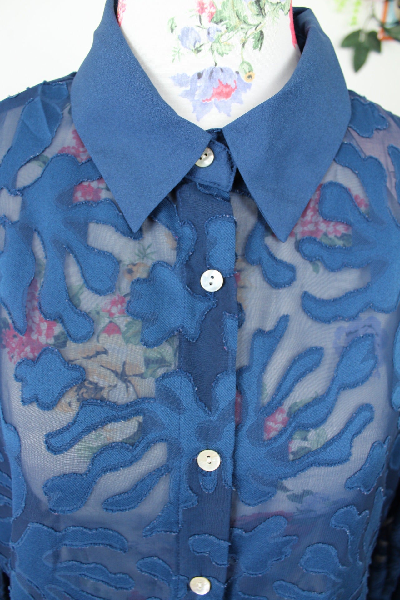 🍒🌸Chemise vintage 80/90s bleu marine - voile transparent - Taille 40/42🌸🍒