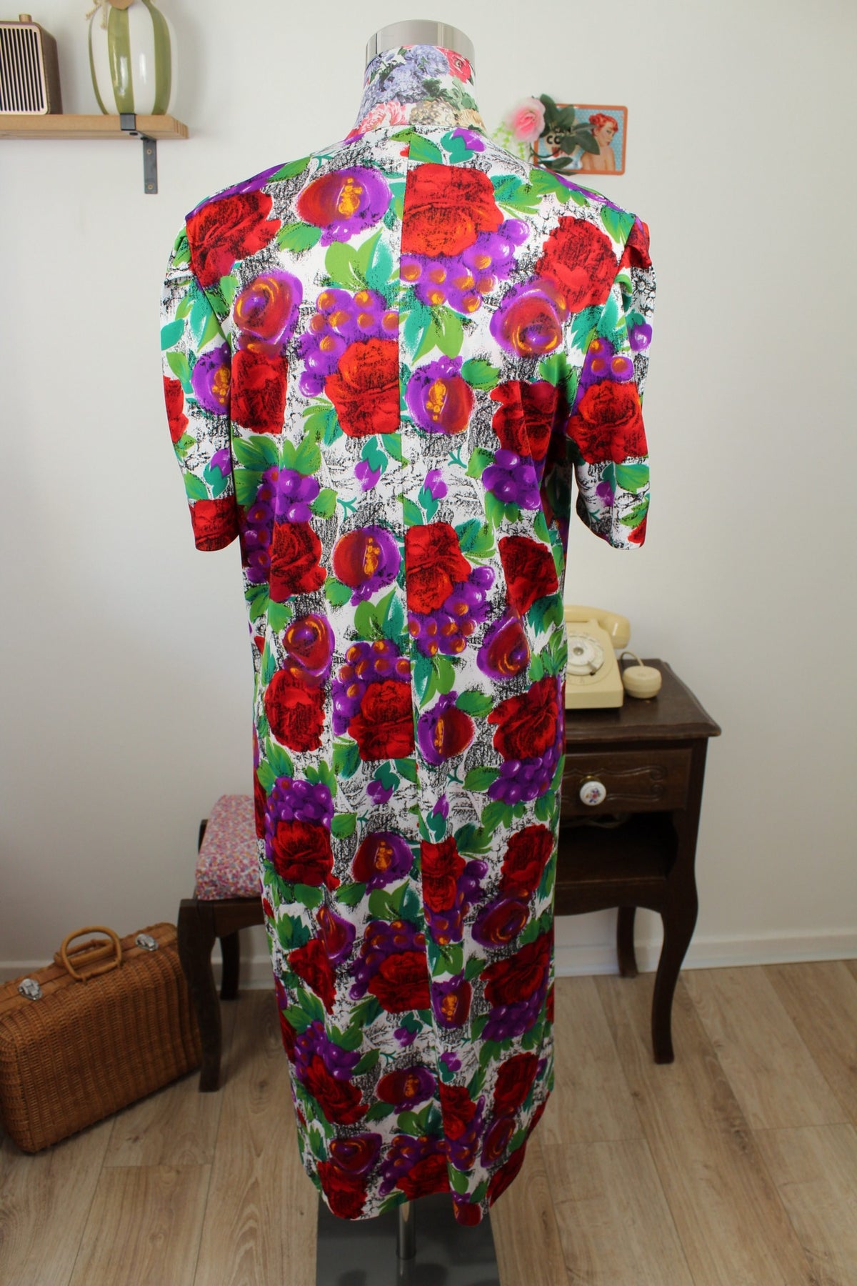 🌸🍒Robe vintage années 80 romantique - roses rouges & grappes de raisins - Taille 40/42🍒🌸