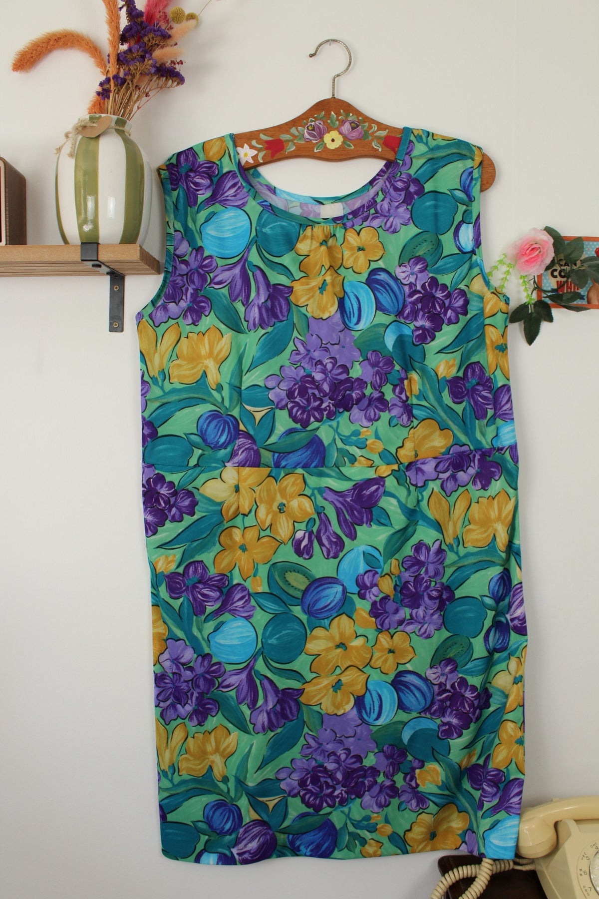 🌸🍒Robe vintage années 80/90 vert lumineux, fleurs & kiwi - Taille 44 à 48🍒🌸