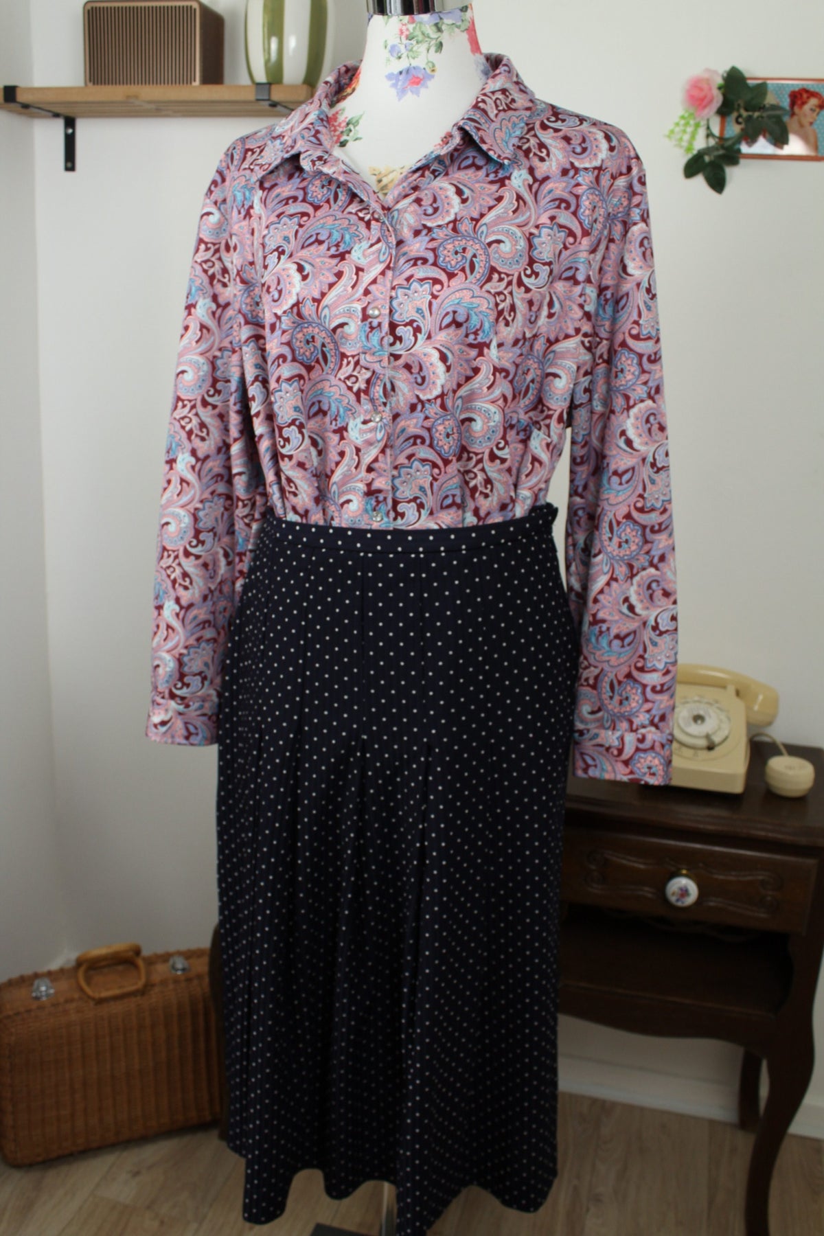 Chemise vintage années 90 fleurie baroque & boutons pressions nacrés - Taille 46/48