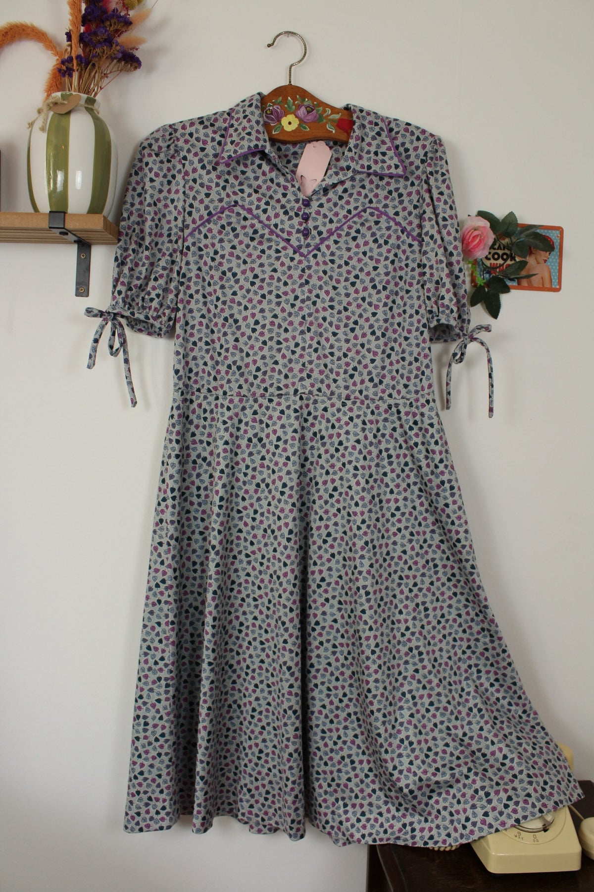 🌸🍒Robe vintage années 70 pin-up/rockabilly bleu ciel imprimé de petites feuilles - Taille 38🍒🌸