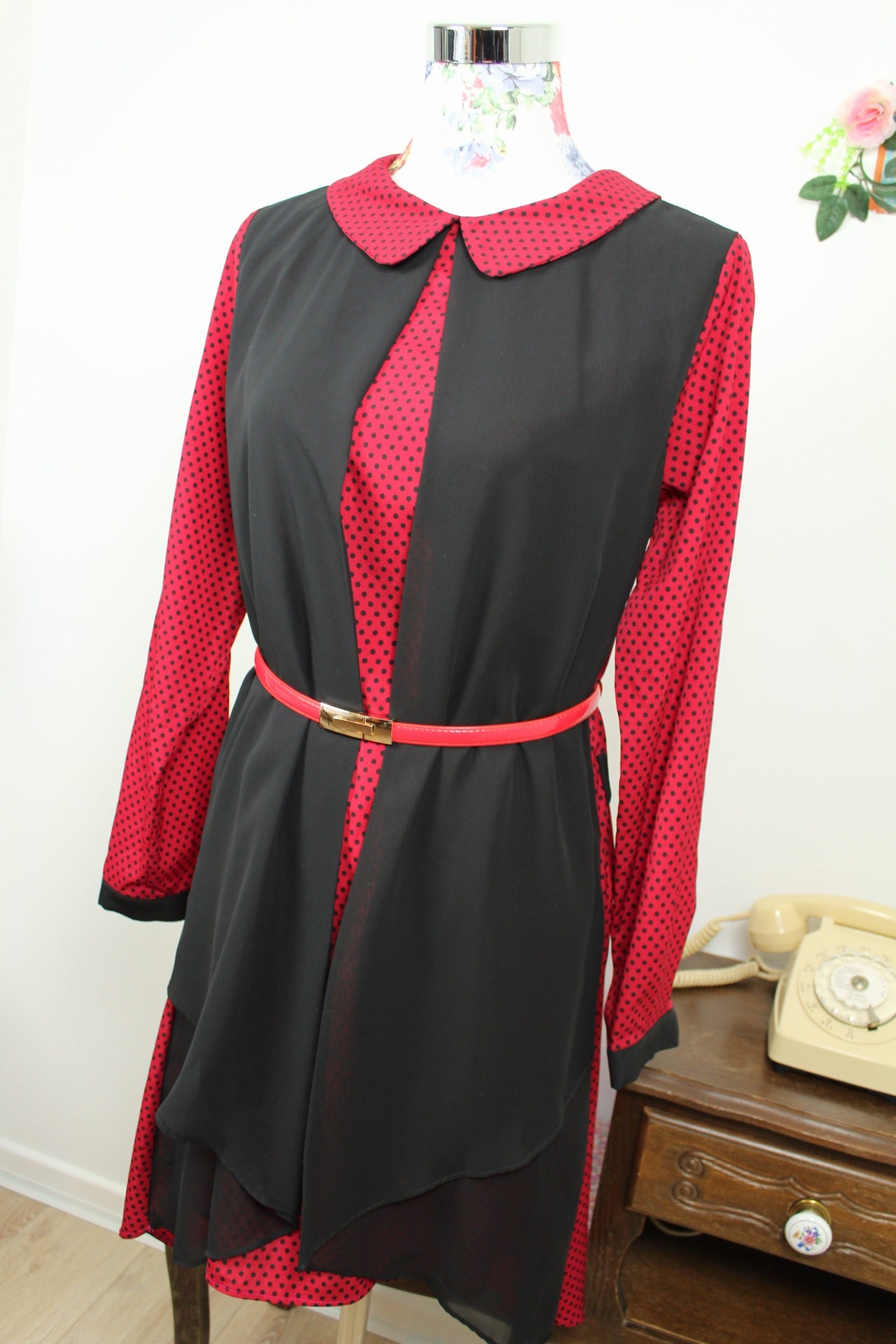 🍒🌸Robe vintage 80's pois rouge & noir - col claudine style pin-up rockabilly - Taille 38/40🌸🍒