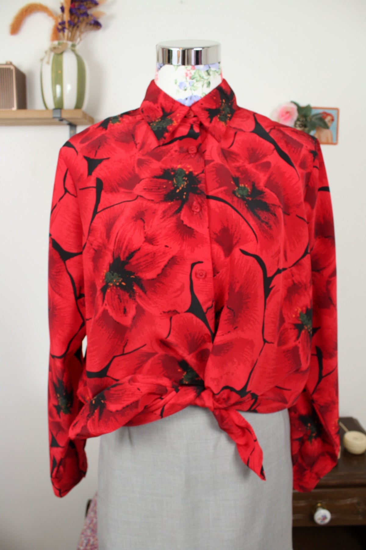 Chemise vintage années 80 romantique motif coquelicots - Taille 40/42