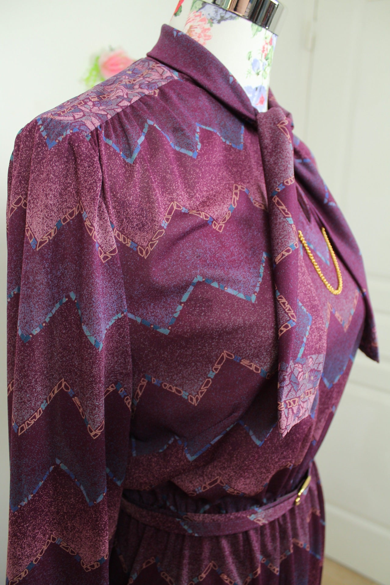 🌸🍒Robe vintage 70/80's violette zig zag preppy chic col lavallière - Taille 38/40🍒🌸