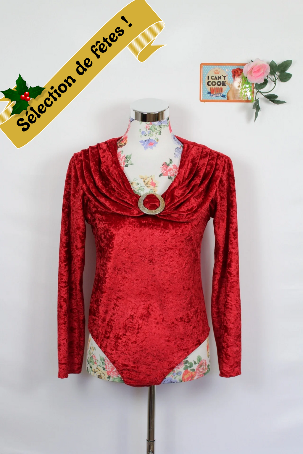 ✨Body rouge en velours satiné 80's gamour - anneau doré✨