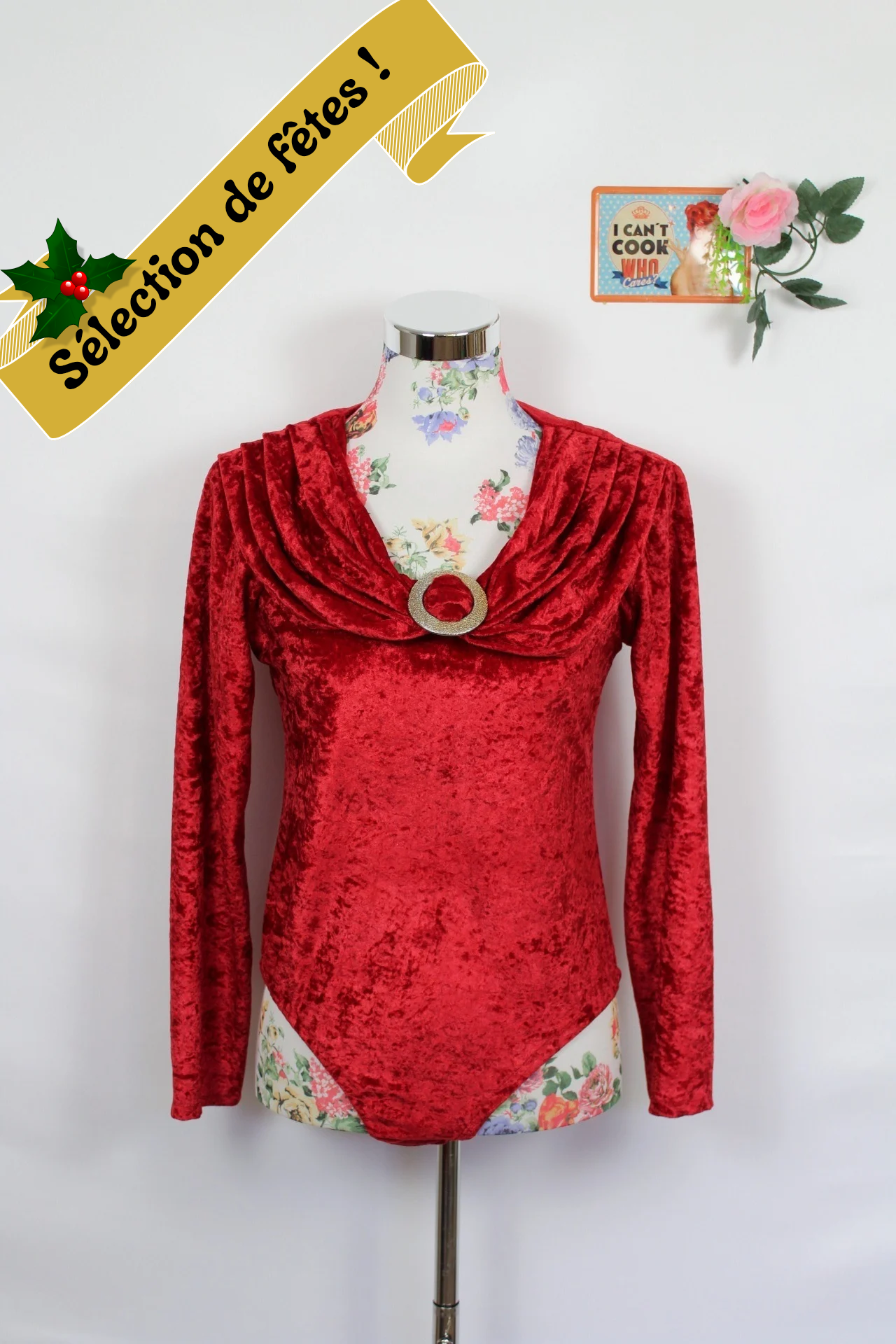 ✨Body rouge en velours satiné 80's gamour - anneau doré✨