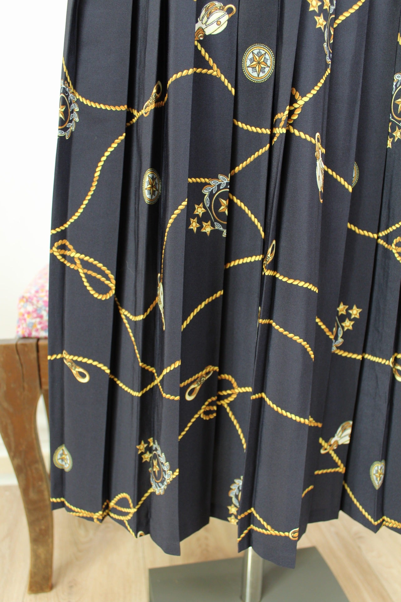 🌸🍒Jupe midi plissée vintage 80's imprimée motifs marins - Taille 38 à 42🍒🌸