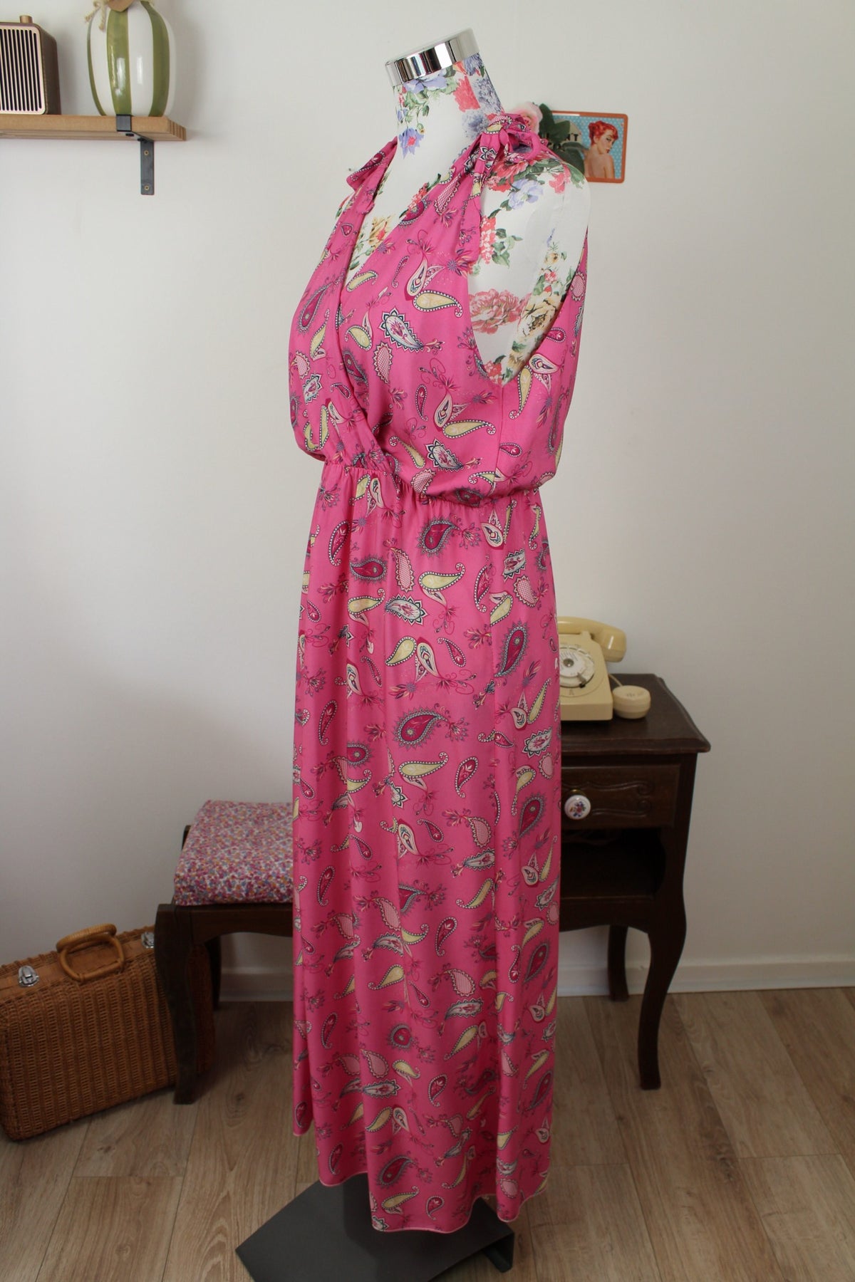 Robe longue fluide rose pep's motifs paisley - made in Italy - Taille 40