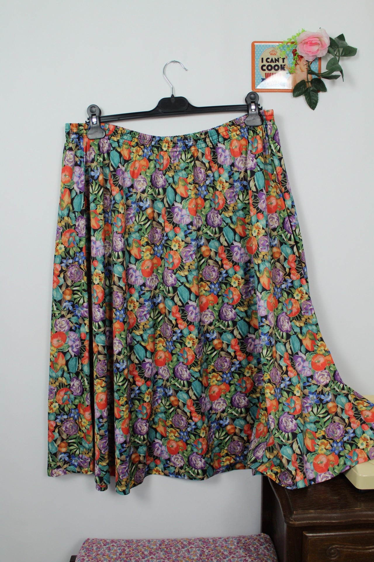 🌸🍒Jupe plissée vintage 80's fleurs & fruits Damart - Taille 44 à 48🍒🌸