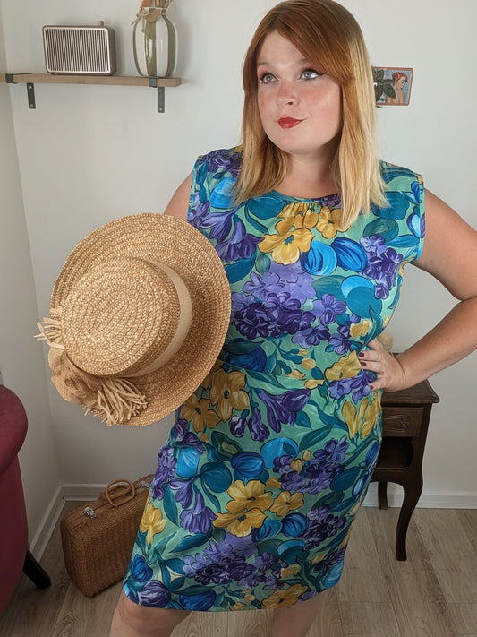 🌸🍒Robe vintage années 80/90 vert lumineux, fleurs & kiwi - Taille 44 à 48🍒🌸