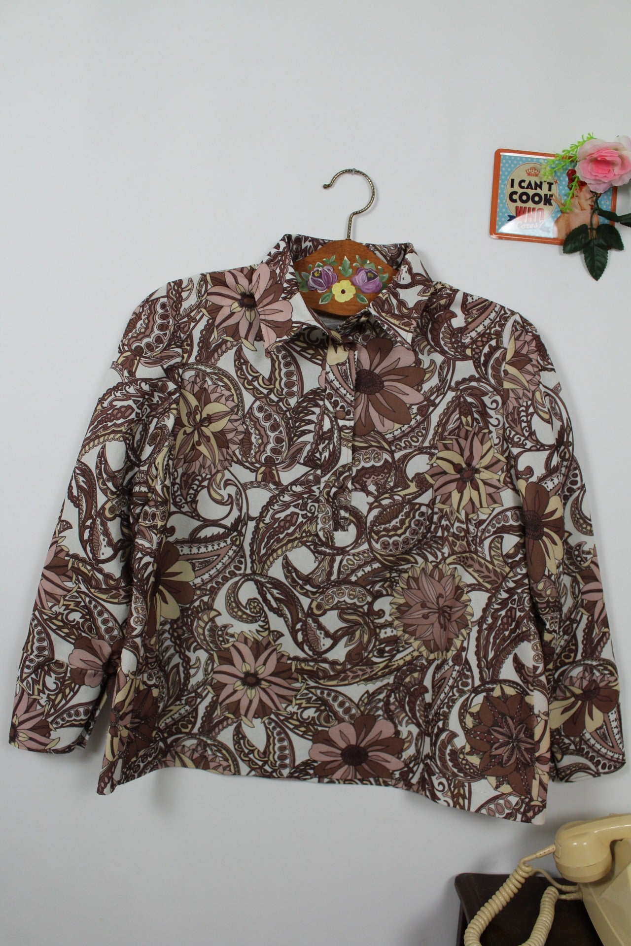 🍒🌸Blouse vintage baroque 70s - tons bruns & beige chic - Taille 40/42🌸🍒