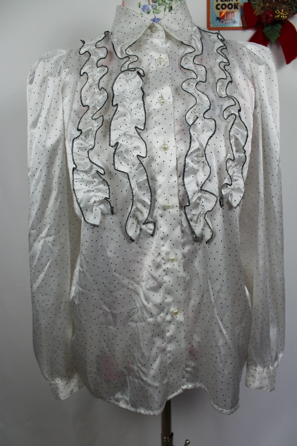 ✨Chemise vintage à volants Daniel Duval Paris - pois noir & satinée✨