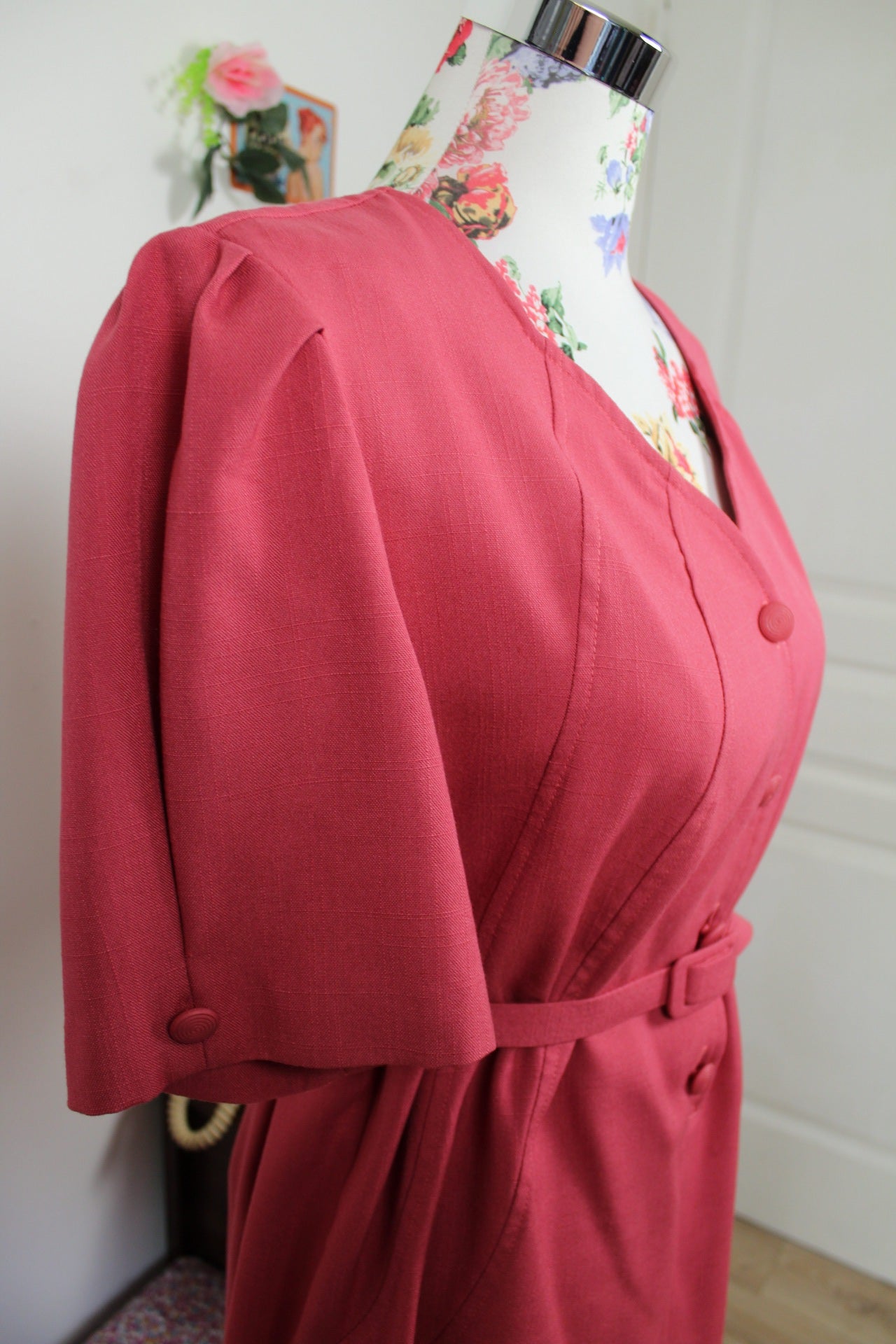 🌸🍒Robe vintage rose poudré 80's - coupe ceinturée - Taille 40/42🍒🌸