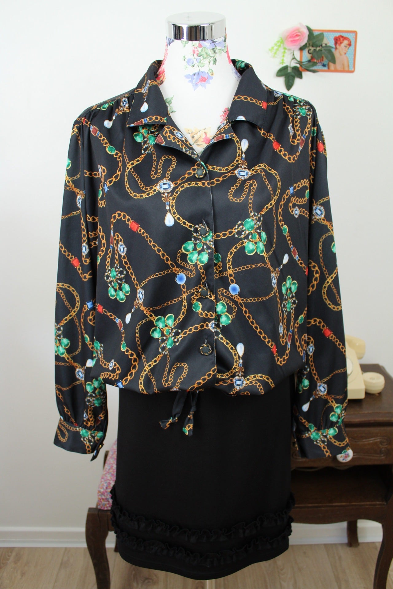 🌸🍒Blouse vintage 80/90s chaîne & bijoux col chemise - Afibel - Taille 44/46🍒🌸