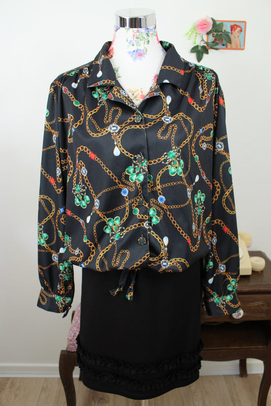 🌸🍒Blouse vintage 80/90s chaîne & bijoux col chemise - Afibel - Taille 44/46🍒🌸