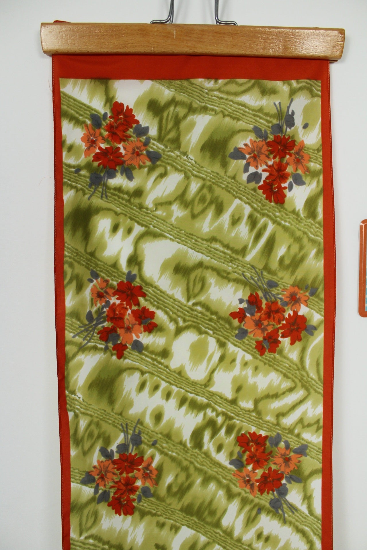 🌸🍒Foulard rectangulaire vintage 70's fleuri orange & kaki🍒🌸