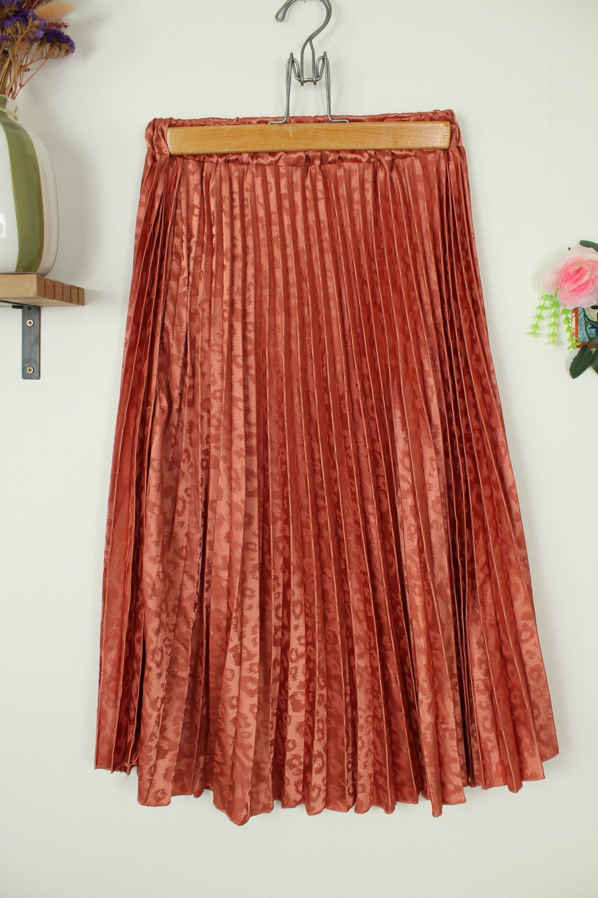 Jupe léopard vintage années 90 plissée made in Italy - terracotta & satinée - Taille 36/38