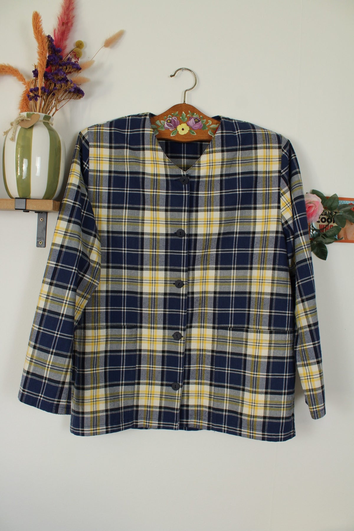 Veste vintage années 80/90 carreaux jaunes & marines en coton - Taille 40/42
